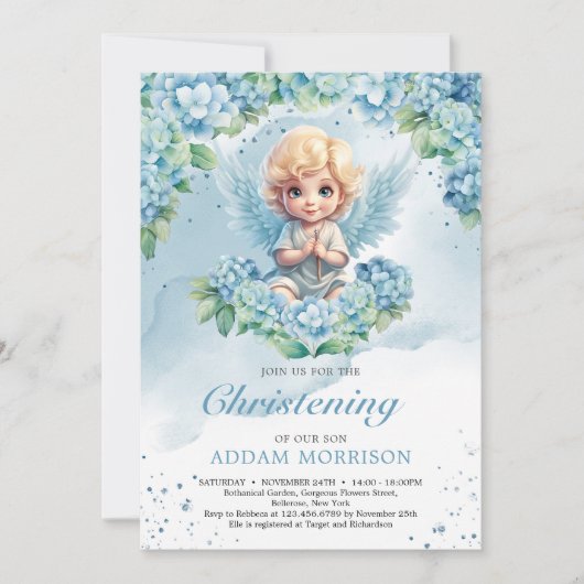 ライトパステルモダンブルーアジサイのボーイエンジェル 招待状 (正面)