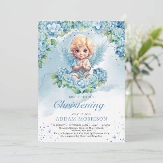 ライトパステルモダンブルーアジサイのボーイエンジェル 招待状 (スタンド正面)