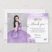 ライトパープルとシルバーキンセニェラのフォト誕生日 サンキューカード (正面)
