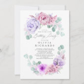 ライトパープルとピンクの花の誕生日パーティー 招待状 (正面)