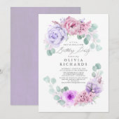 ライトパープルとピンクの花の誕生日パーティー 招待状 (正面/裏面)