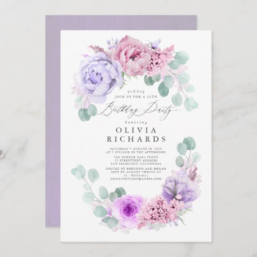 ライトパープルとピンクの花の誕生日パーティー 招待状 (正面/裏面)