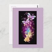 ライトパープルとブルーの蝶のゴールドローズ ポストカード (正面/裏面)