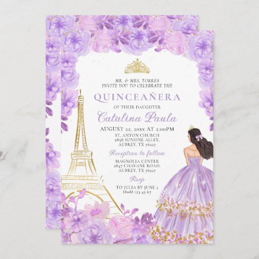 ライトパープルエレガント金ゴールドティアラパリキンセアニラ 招待状 (正面/裏面)