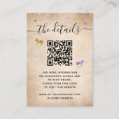 ライトパープルエレガント金ゴールドバタフライRSVP QRコード エンクロージャーカード (正面)