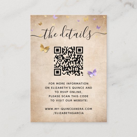 ライトパープルエレガント金ゴールドバタフライRSVP QRコード エンクロージャーカード (正面)