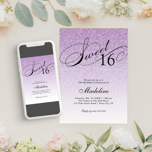 ライトパープルグラムグリッタースウィート16 招待状