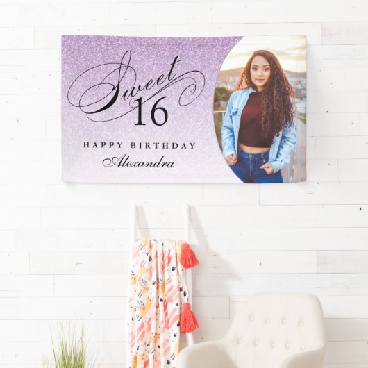 ライトパープルグリッタースウィート16パーソナライズされた写真 横断幕 (インサイチュ)