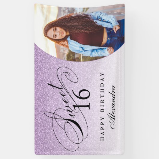ライトパープルグリッタースウィート16パーソナライズされた写真 横断幕 (縦)