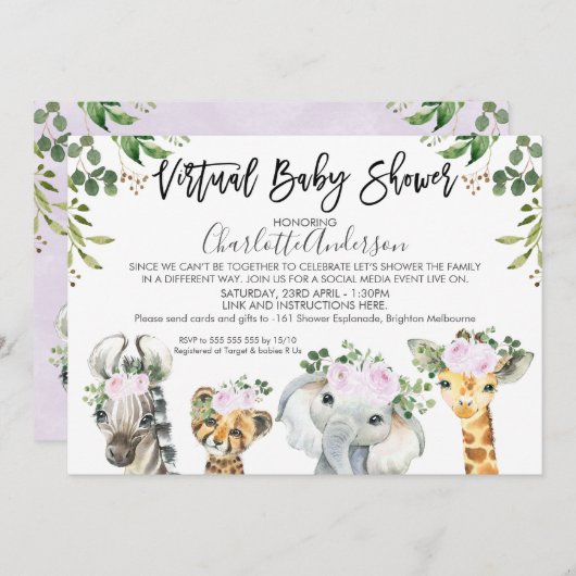 ライトパープルサファリバーチャルベビーシャワー招待状 招待状 (正面/裏面)