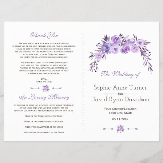 ライトパープルダスティーブルーフローラ結婚式 プログラム チラシ (正面)