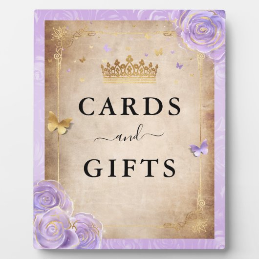 ライトパープルバラ金ゴールドクラウンカードとギフトサイン フォトプラーク (正面)