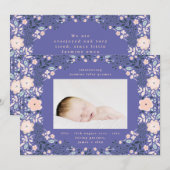 ライトパープルフローラフレームフォトベビー誕生 案内状 (正面/裏面)