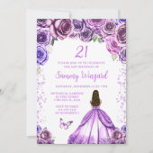 ライトパープルブラウンヘアプリンセス誕生日パーティー 招待状 (正面)