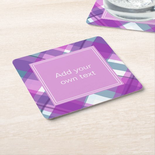 ライトパープルプレイドカスタム文字 スクエアペーパーコースター (アングル)