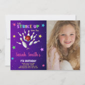 ライトパープルボーリング誕生日招待状(写真あり) 招待状 (正面)