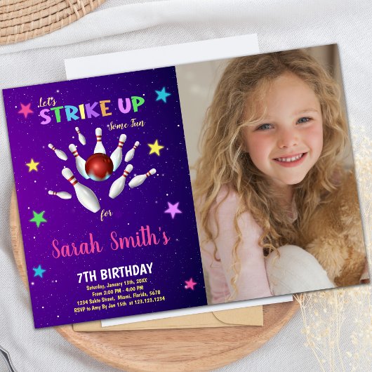 ライトパープルボーリング誕生日招待状(写真あり) 招待状