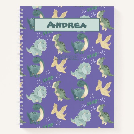 ライトパープル恐竜のパターンにかわいい水彩 ノートブック (正面)
