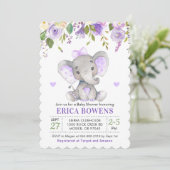 ライトパープル水彩少女エレファントベビーシャワー 招待状 (スタンド正面)