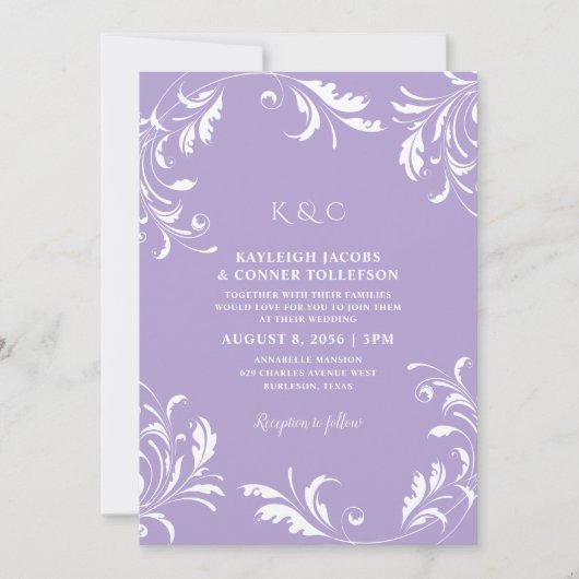 ライトパープル結婚ズヴィンテージエレガントフォーマル 招待状 (正面)