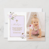 ライトパープル金ゴールド花写真ガールバプテスマ サンキューカード (正面)