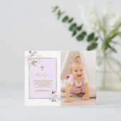 ライトパープル金ゴールド花写真ガールバプテスマ サンキューカード (スタンド正面)