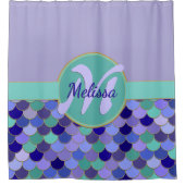 ライトパープル&アクアモノグラム+ネームマーメイドはかりで測 シャワーカーテン (正面)