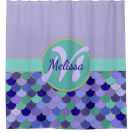 ライトパープル&アクアモノグラム+ネームマーメイドはかりで測 シャワーカーテン