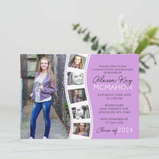 ライトパープル&ホワイトフィルムストリップ6写真卒業 招待状 (スタンド正面)