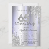  ライトパープル 65歳の誕生日 銀のグリッターが垂れる  招待状 (正面)