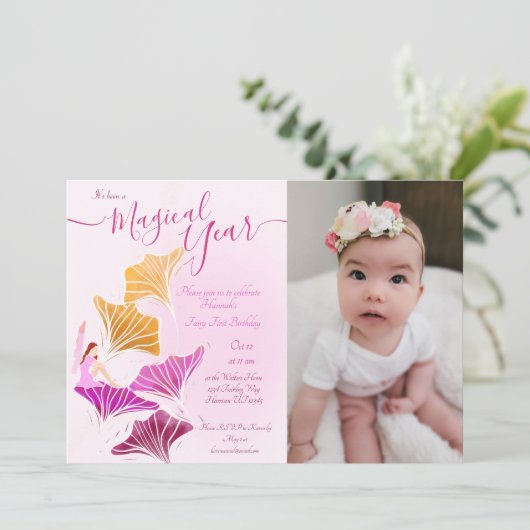 ライトピお洒落ックフェアリー最初の写真誕生日 招待状 (スタンド正面)