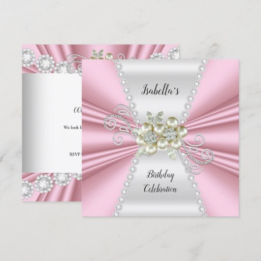 ライトピエレガントックパールホワイトダイヤモンド誕生日 招待状 (正面/裏面)