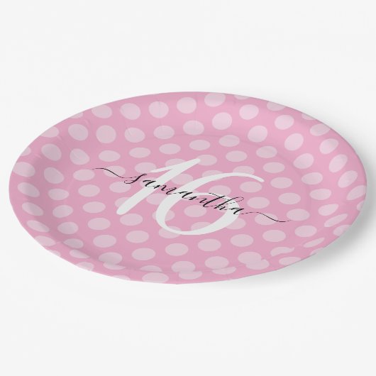 ライトピパーソナライズされたンク水玉模様スウィート16 ペーパープレート (アングル)