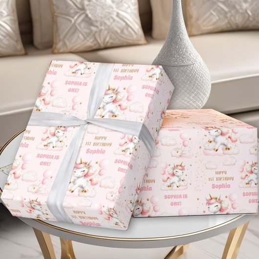 ライトピンクかわいいユニコーン女の子1st誕生日の名前 ラッピングペーパー
