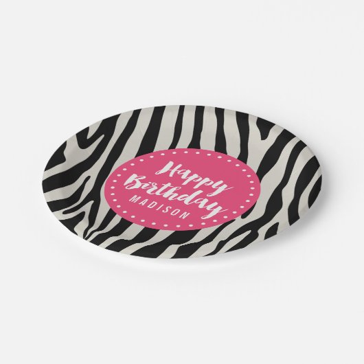 ライトピンクとブラックゼブラストライプー誕生日パーティー ペーパープレート (アングル)