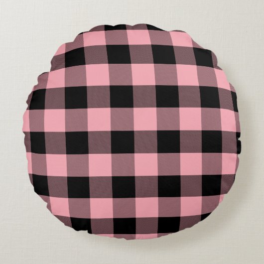 ライトピンクとブラックバッファロープレイド ラウンドクッション (正面)