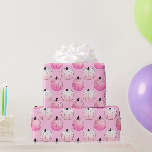 ライトピンクとブラックパンプキンハロウィンパターン ラッピングペーパー (パーティーギフト)