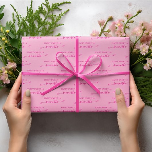 ライトピンクとホットピンクのハッピー スイート 16 キュートなリボン名前 ラッピングペーパーシート