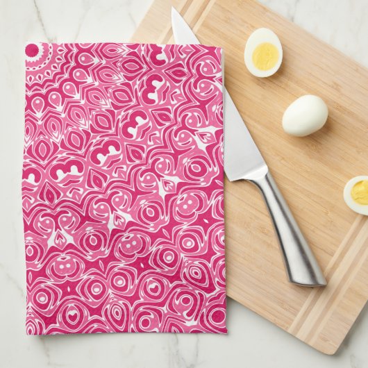 ライトピンクとホワイトマンダラデザイン万華鏡のように千変万化するパターン キッチンタオル (四つ折り)