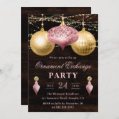 ライトピンクと金ゴールドクリスマスオーナメント交換 招待状 (正面/裏面)