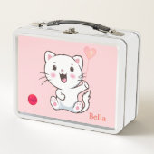 ライトピンクのかわいい白猫とハートバルーン メタルランチボックス (正面)