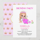 ライトピンクのキュートなプリンセス 3歳の誕生日パーティー 招待状 (正面/裏面)