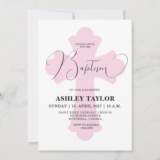 ライトピンクのクロス 洗礼招待状 招待状 (正面)