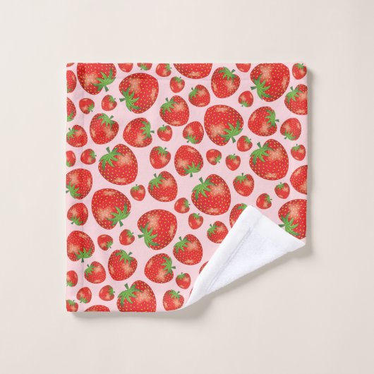 ライトピンクのストロベリーパターンイラストレーション バスタオルセット (ウォッシュタオル)