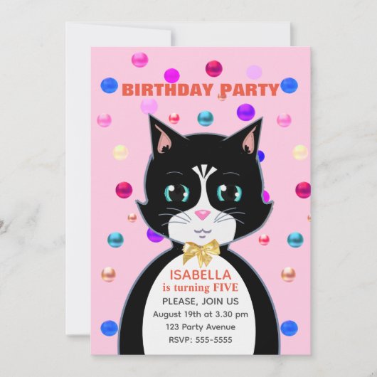 ライトピンクのタキシード猫の誕生日 招待状 (正面)