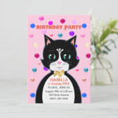 ライトピンクのタキシード猫の誕生日 招待状 (スタンド正面)