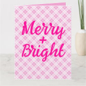 ライトピンクのタータン柄のクリスマス　ホリデー　メリー　ブライト カード (正面)