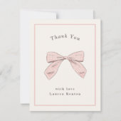 ライトピンクのチェック柄リボン おしゃれなベビーシャワー サンキューカード (正面)