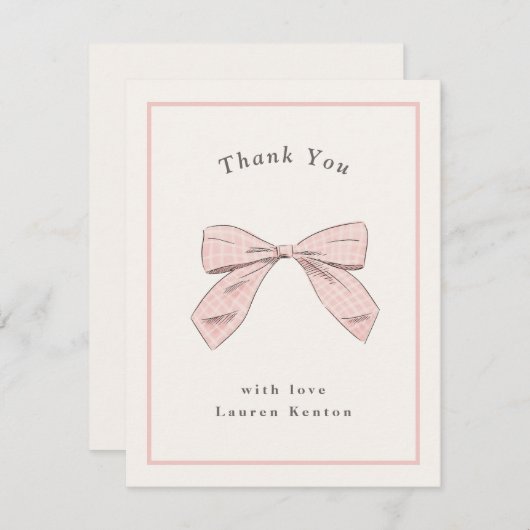 ライトピンクのチェック柄リボン おしゃれなベビーシャワー サンキューカード (正面/裏面)