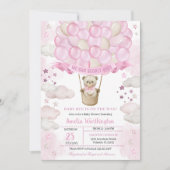 ライトピンクのテディベア熱い気球ベビーシャワー 招待状 (正面)